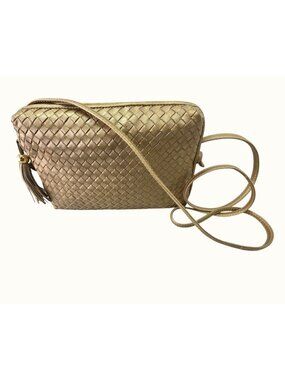 Ganson 80s Gold Woven Leather Crossbody Bag Clutch Purse Tassel Zip Close